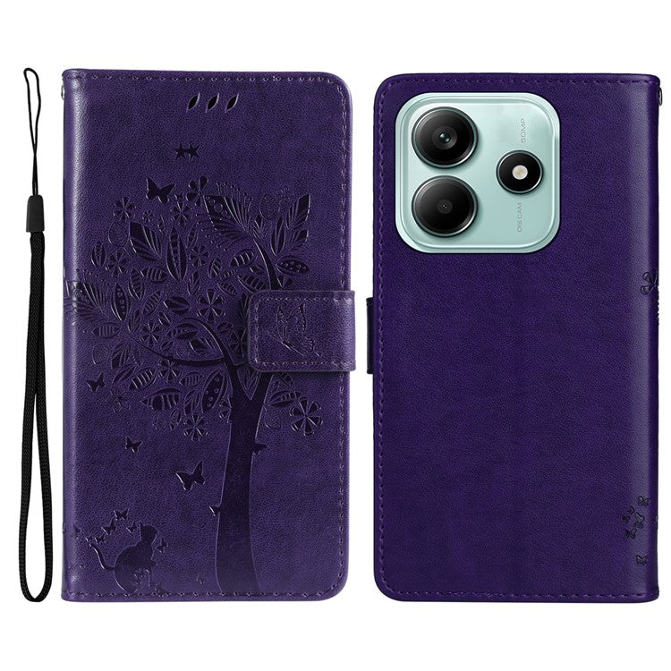 KT Imprinting Flower Series-3 For Xiaomi Redmi Note 14 5G Case Cat Tree Pattern Flip Leather Phone Cover - Purple