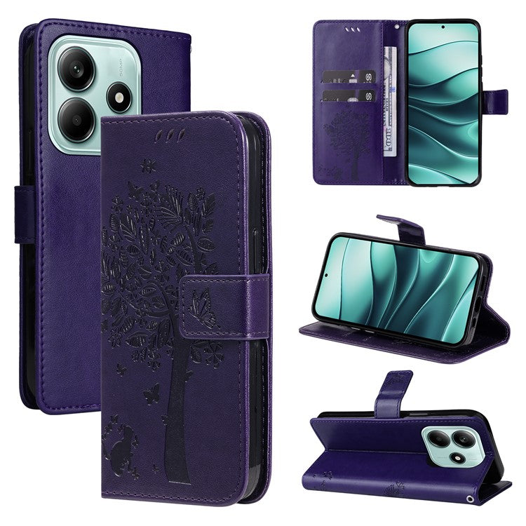 KT Imprinting Flower Series-3 For Xiaomi Redmi Note 14 5G Case Cat Tree Pattern Flip Leather Phone Cover - Purple