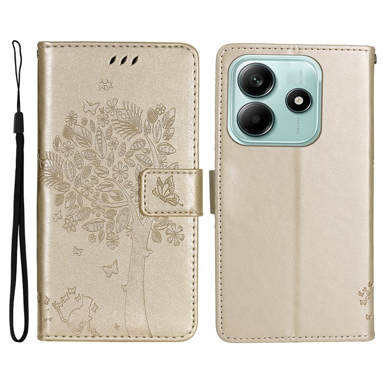 KT Imprinting Flower Series-3 For Xiaomi Redmi Note 14 5G Case Cat Tree Pattern Flip Leather Phone Cover - Gold