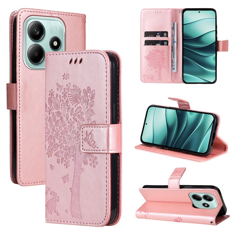 KT Imprinting Flower Series-3 For Xiaomi Redmi Note 14 5G Case Cat Tree Pattern Flip Leather Phone Cover - Rose Gold