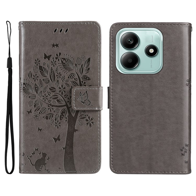 KT Imprinting Flower Series-3 For Xiaomi Redmi Note 14 5G Case Cat Tree Pattern Flip Leather Phone Cover - Grey