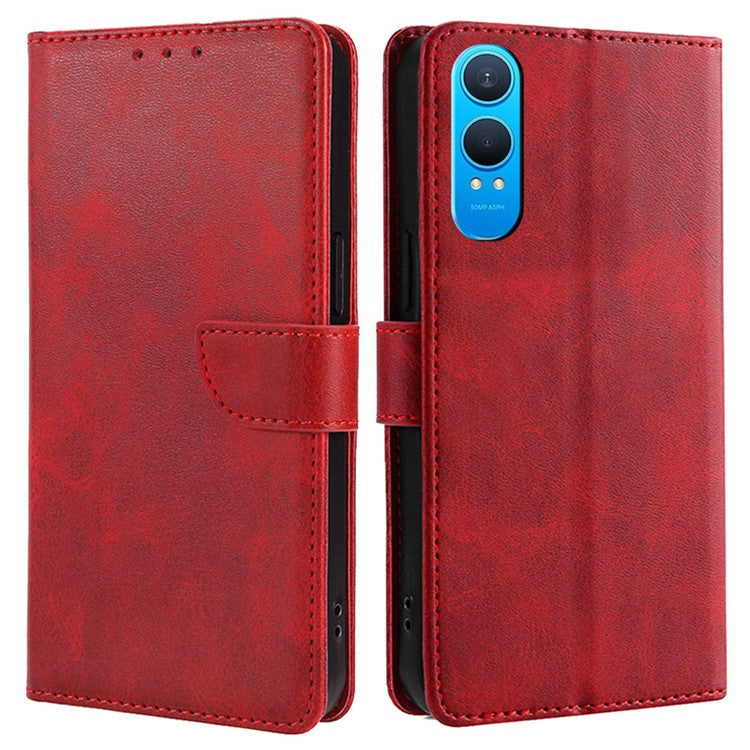 For OnePlus Nord CE4 Lite 5G / Oppo K12x 5G (China) Wallet Case Calf Texture Leather Phone Cover - Red