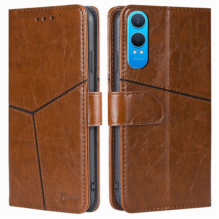 For OnePlus Nord CE4 Lite 5G / Oppo K12x 5G (China) Case Geometric Splicing PU Leather Phone Cover - Light Brown