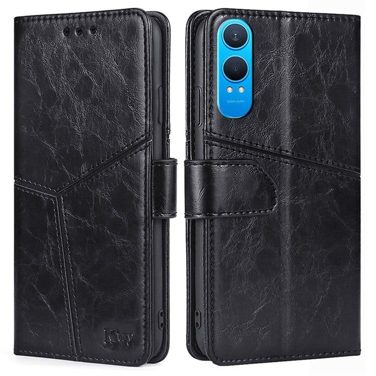 For OnePlus Nord CE4 Lite 5G / Oppo K12x 5G (China) Case Geometric Splicing PU Leather Phone Cover - Black