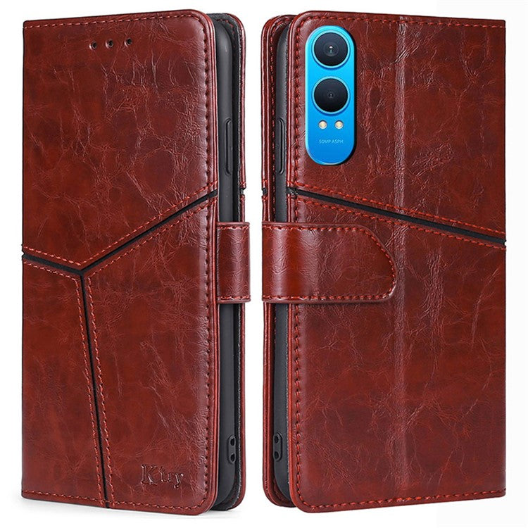 For OnePlus Nord CE4 Lite 5G / Oppo K12x 5G (China) Case Geometric Splicing PU Leather Phone Cover - Dark Brown