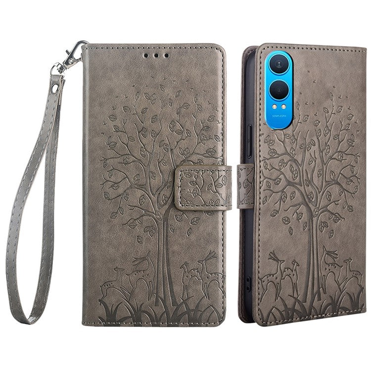 For OnePlus Nord CE4 Lite 5G / Oppo K12x 5G (China) Case PU Leather Wallet Phone Cover Tree Deer Imprinted - Grey