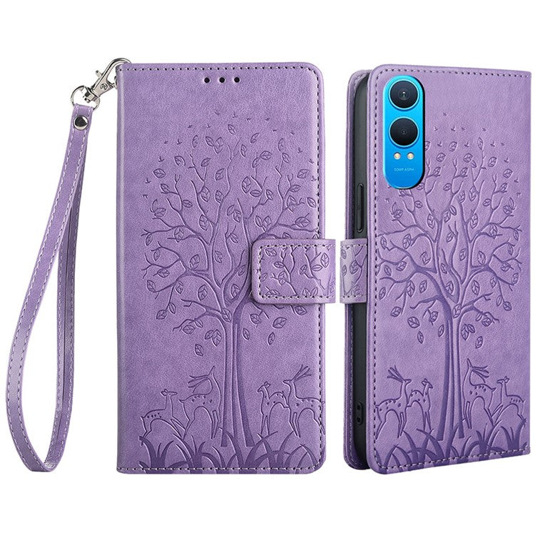 For OnePlus Nord CE4 Lite 5G / Oppo K12x 5G (China) Case PU Leather Wallet Phone Cover Tree Deer Imprinted - Purple