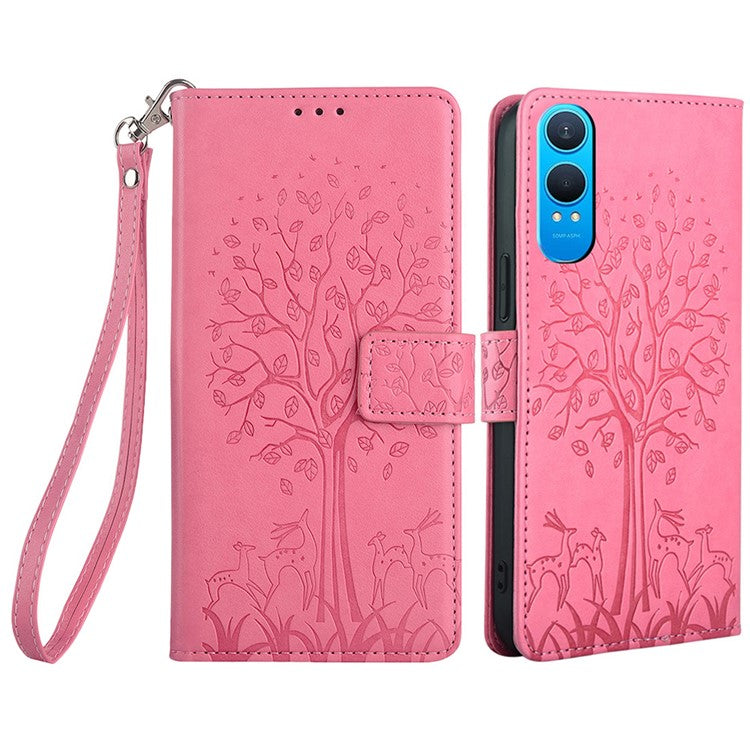 For OnePlus Nord CE4 Lite 5G / Oppo K12x 5G (China) Case PU Leather Wallet Phone Cover Tree Deer Imprinted - Pink