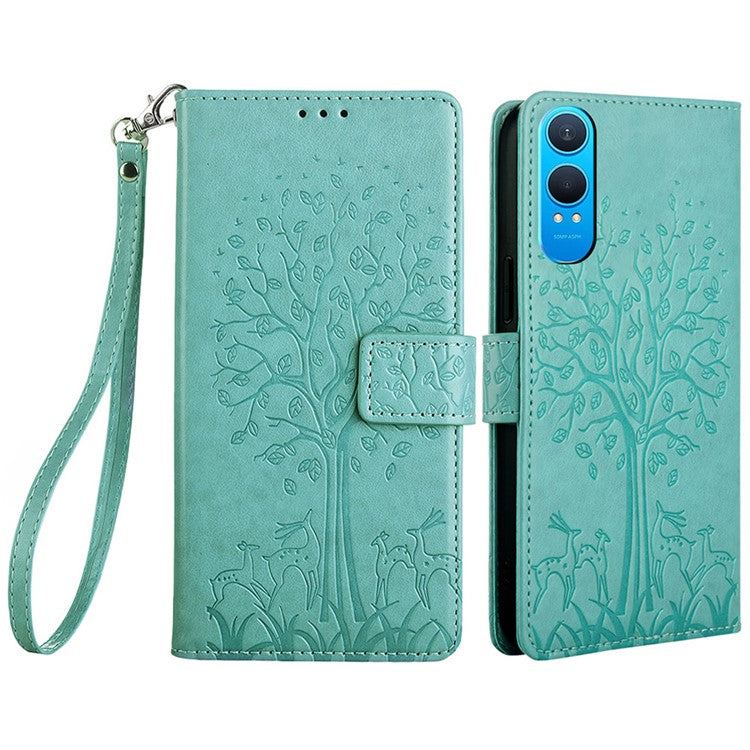 For OnePlus Nord CE4 Lite 5G / Oppo K12x 5G (China) Case PU Leather Wallet Phone Cover Tree Deer Imprinted - Green