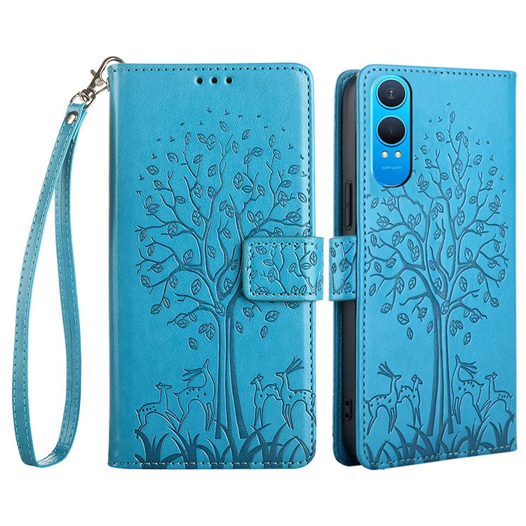 For OnePlus Nord CE4 Lite 5G / Oppo K12x 5G (China) Case PU Leather Wallet Phone Cover Tree Deer Imprinted - Blue