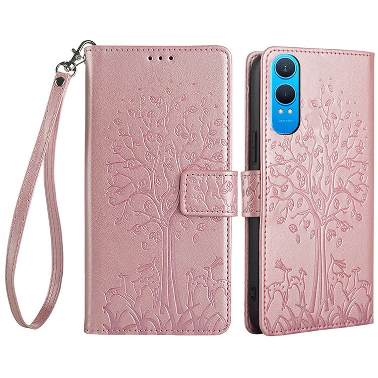 For OnePlus Nord CE4 Lite 5G / Oppo K12x 5G (China) Case PU Leather Wallet Phone Cover Tree Deer Imprinted - Rose Gold