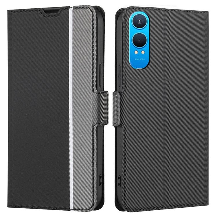 For OnePlus Nord CE4 Lite 5G / Oppo K12x 5G (China) Case Card Holder Twill Texture Leather Phone Cover - Black