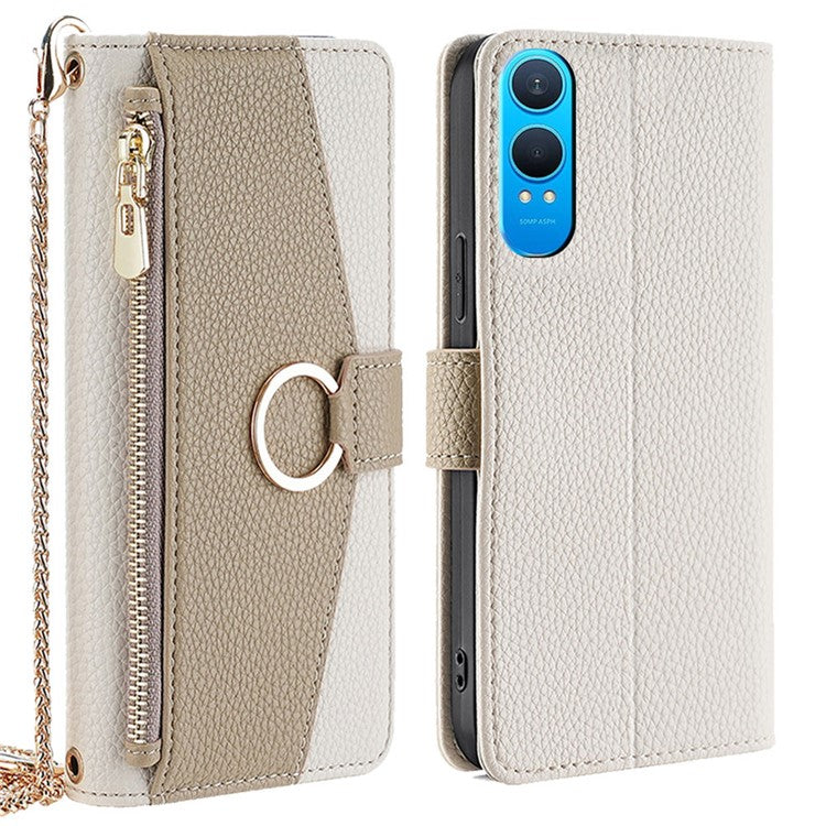 For OnePlus Nord CE4 Lite 5G / Oppo K12x 5G (China) Case Mirror Wallet Leather Phone Cover with Chain Shoulder Strap - White