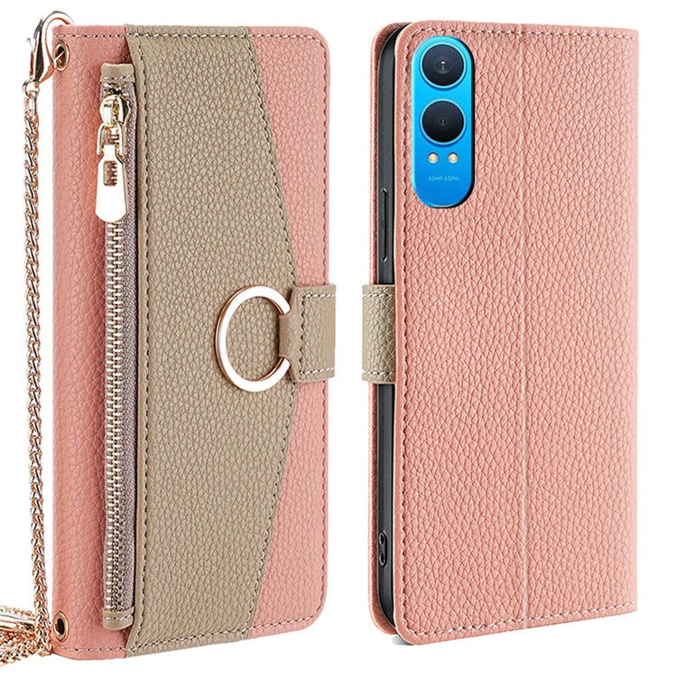 For OnePlus Nord CE4 Lite 5G / Oppo K12x 5G (China) Case Mirror Wallet Leather Phone Cover with Chain Shoulder Strap - Pink