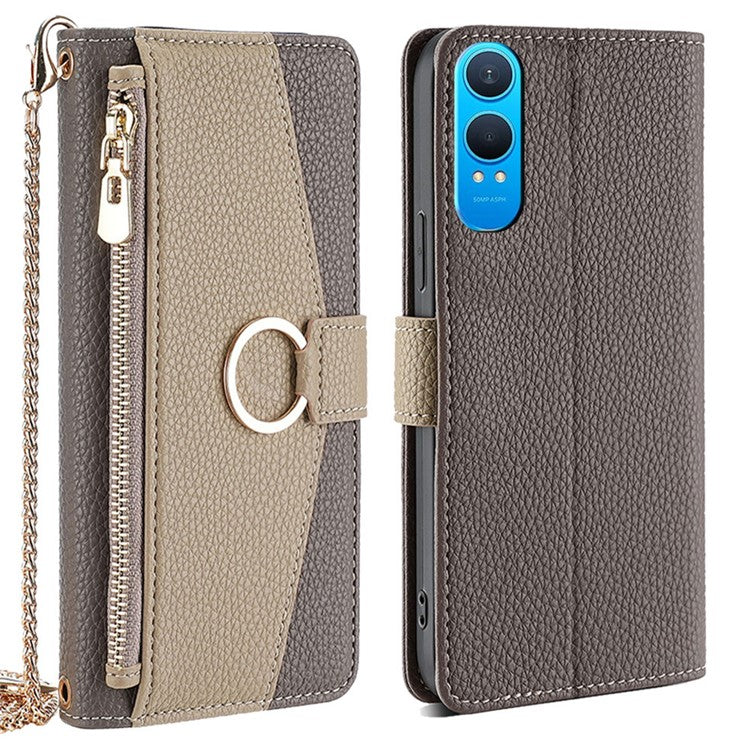 For OnePlus Nord CE4 Lite 5G / Oppo K12x 5G (China) Case Mirror Wallet Leather Phone Cover with Chain Shoulder Strap - Grey