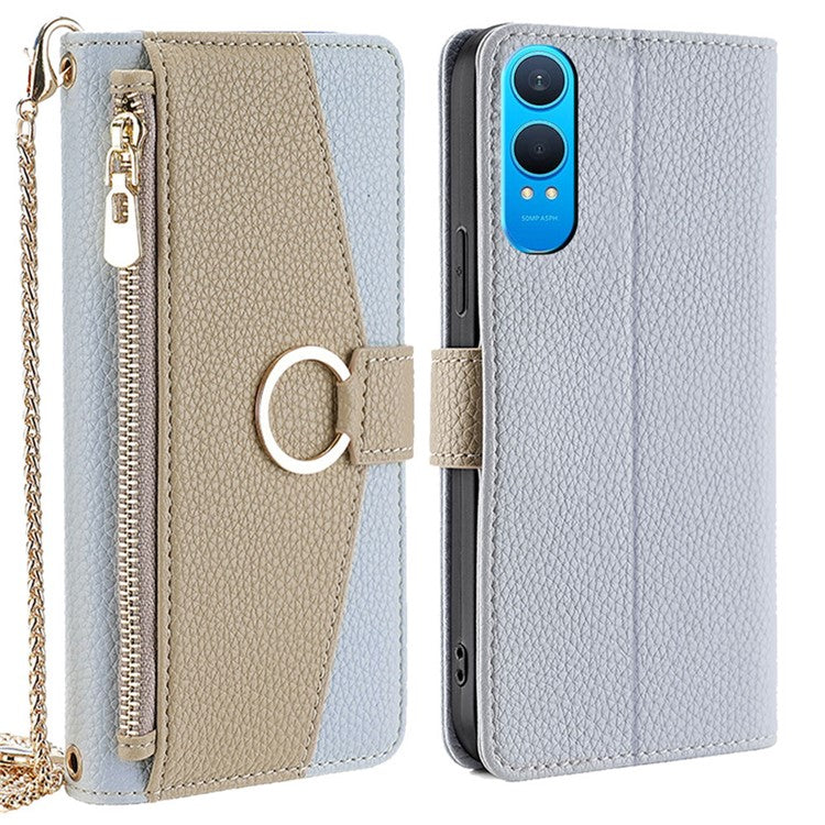 For OnePlus Nord CE4 Lite 5G / Oppo K12x 5G (China) Case Mirror Wallet Leather Phone Cover with Chain Shoulder Strap - Blue