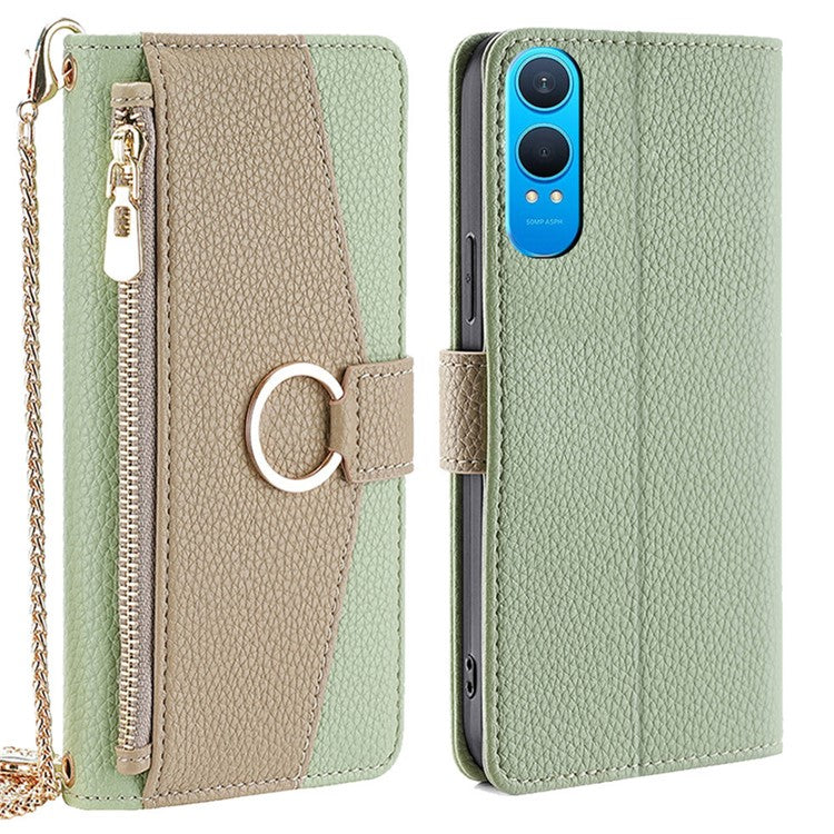 For OnePlus Nord CE4 Lite 5G / Oppo K12x 5G (China) Case Mirror Wallet Leather Phone Cover with Chain Shoulder Strap - Green