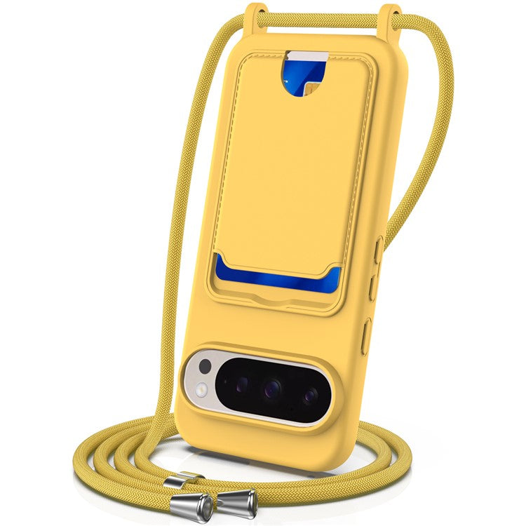 For Google Pixel 9 Pro Case Liquid Silicone Card Holder Phone Back Cover with Lanyard - Yellow