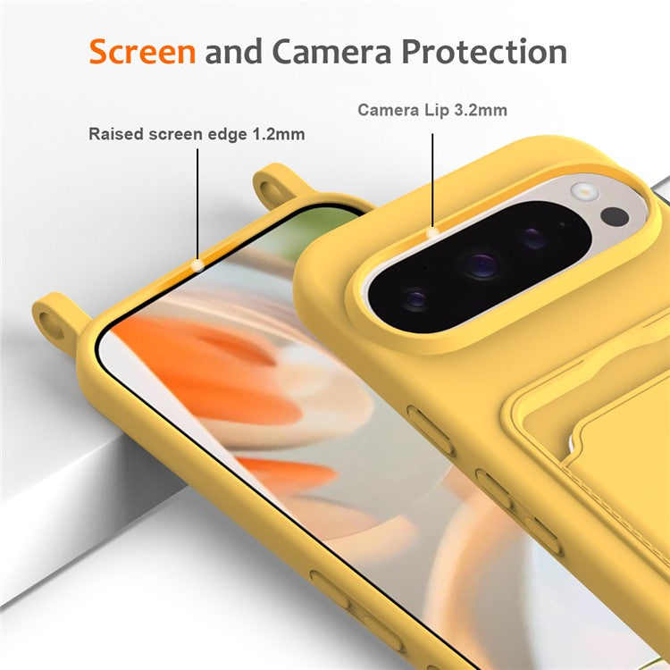 For Google Pixel 9 Pro Case Liquid Silicone Card Holder Phone Back Cover with Lanyard - Yellow