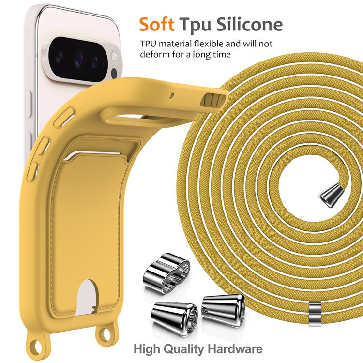 For Google Pixel 9 Pro Case Liquid Silicone Card Holder Phone Back Cover with Lanyard - Yellow