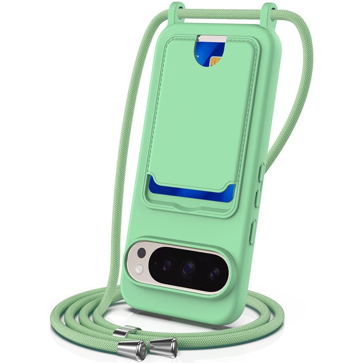 For Google Pixel 9 Pro Case Liquid Silicone Card Holder Phone Back Cover with Lanyard - Green