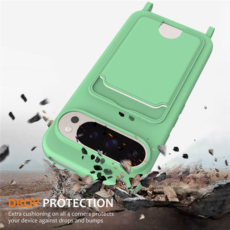 For Google Pixel 9 Pro Case Liquid Silicone Card Holder Phone Back Cover with Lanyard - Green