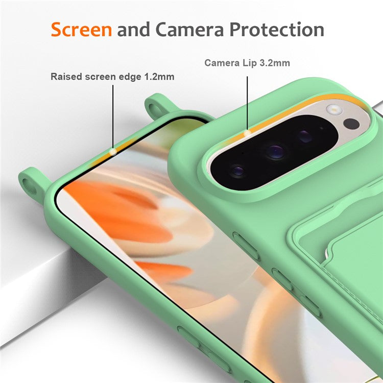 For Google Pixel 9 Pro Case Liquid Silicone Card Holder Phone Back Cover with Lanyard - Green