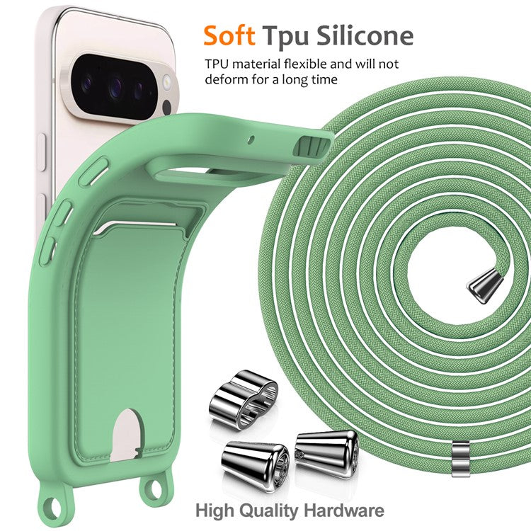 For Google Pixel 9 Pro Case Liquid Silicone Card Holder Phone Back Cover with Lanyard - Green