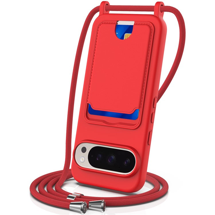 For Google Pixel 9 Pro Case Liquid Silicone Card Holder Phone Back Cover with Lanyard - Red