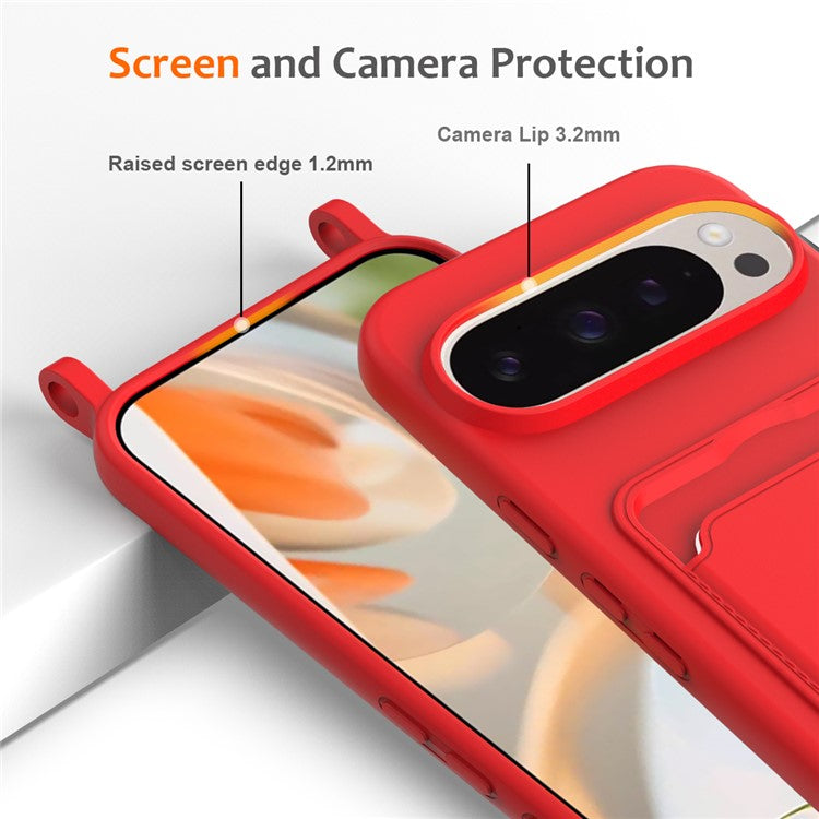 For Google Pixel 9 Pro Case Liquid Silicone Card Holder Phone Back Cover with Lanyard - Red