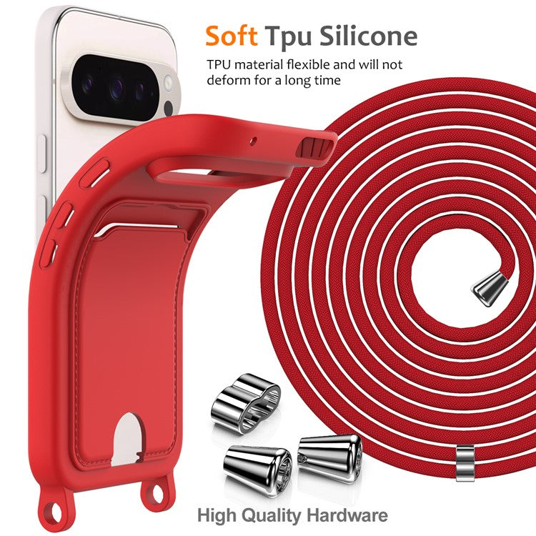 For Google Pixel 9 Pro Case Liquid Silicone Card Holder Phone Back Cover with Lanyard - Red