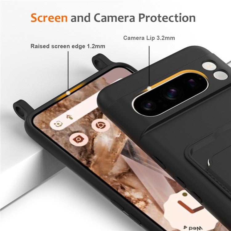 For Google Pixel 8 Pro Case Liquid Silicone Card Holder Phone Back Cover with Lanyard - Black