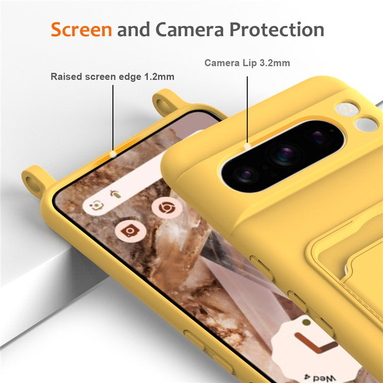 For Google Pixel 8 Pro Case Liquid Silicone Card Holder Phone Back Cover with Lanyard - Yellow