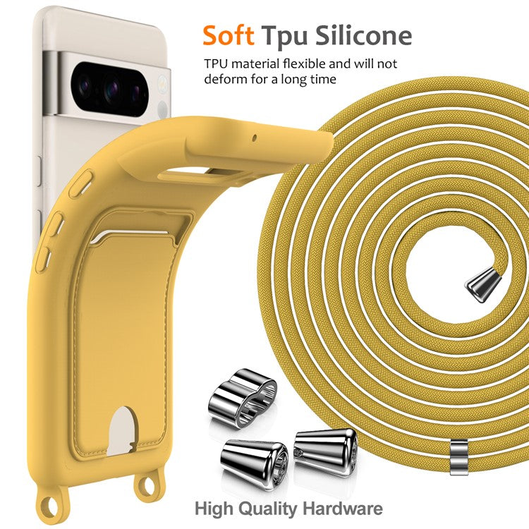 For Google Pixel 8 Pro Case Liquid Silicone Card Holder Phone Back Cover with Lanyard - Yellow