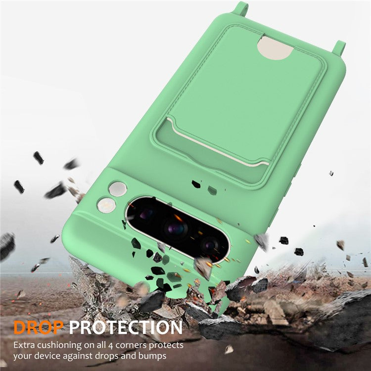 For Google Pixel 8 Pro Case Liquid Silicone Card Holder Phone Back Cover with Lanyard - Green