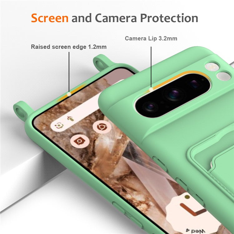 For Google Pixel 8 Pro Case Liquid Silicone Card Holder Phone Back Cover with Lanyard - Green