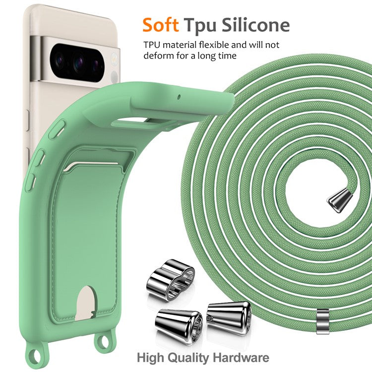 For Google Pixel 8 Pro Case Liquid Silicone Card Holder Phone Back Cover with Lanyard - Green