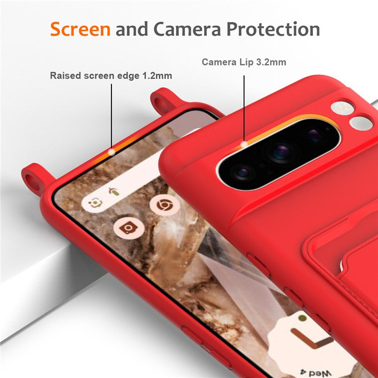 For Google Pixel 8 Pro Case Liquid Silicone Card Holder Phone Back Cover with Lanyard - Red