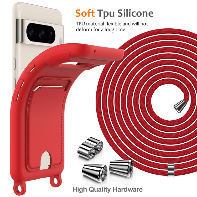 For Google Pixel 8 Pro Case Liquid Silicone Card Holder Phone Back Cover with Lanyard - Red