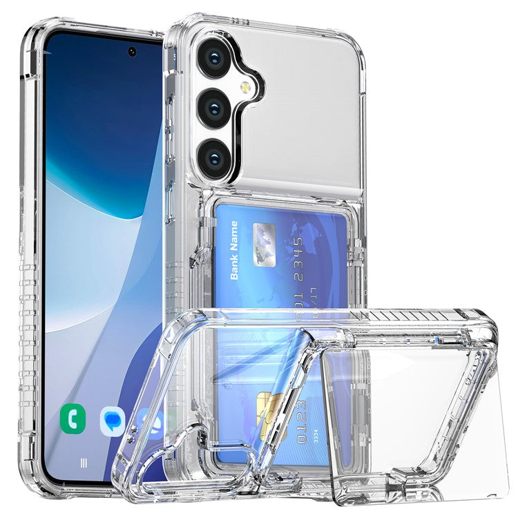 For Samsung Galaxy S25 Clear Case PC+TPU Phone Cover Card Holder Kickstand - Transparent