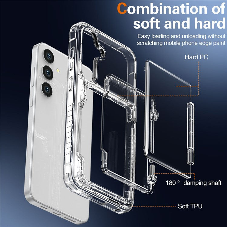 For Samsung Galaxy S25 Clear Case PC+TPU Phone Cover Card Holder Kickstand - Transparent