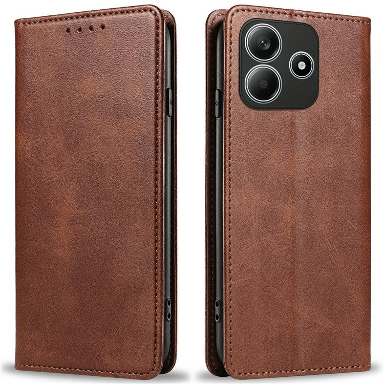 For Xiaomi Redmi Note 14 5G Case Strong Magnetic PU Leather Phone Cover Calf Texture - Brown