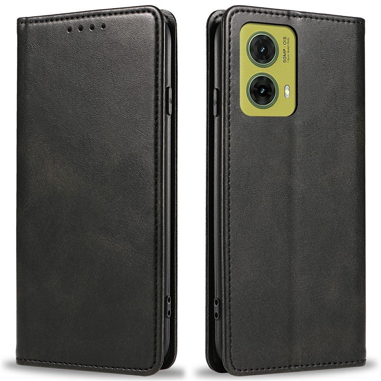 For Motorola Moto G35 5G Case Strong Magnetic PU Leather Phone Cover Calf Texture - Black