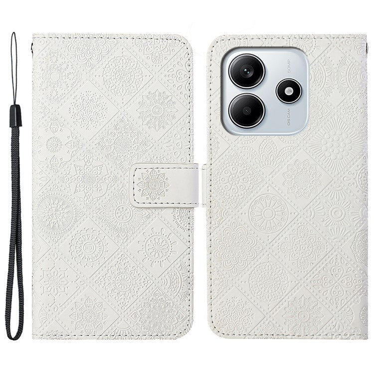 For Xiaomi Redmi Note 14 5G Case Leather Case Ethnic Style Phone Wallet Cover with Strap - White