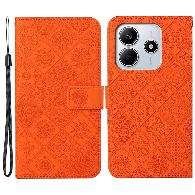 For Xiaomi Redmi Note 14 5G Case Leather Case Ethnic Style Phone Wallet Cover with Strap - Orange