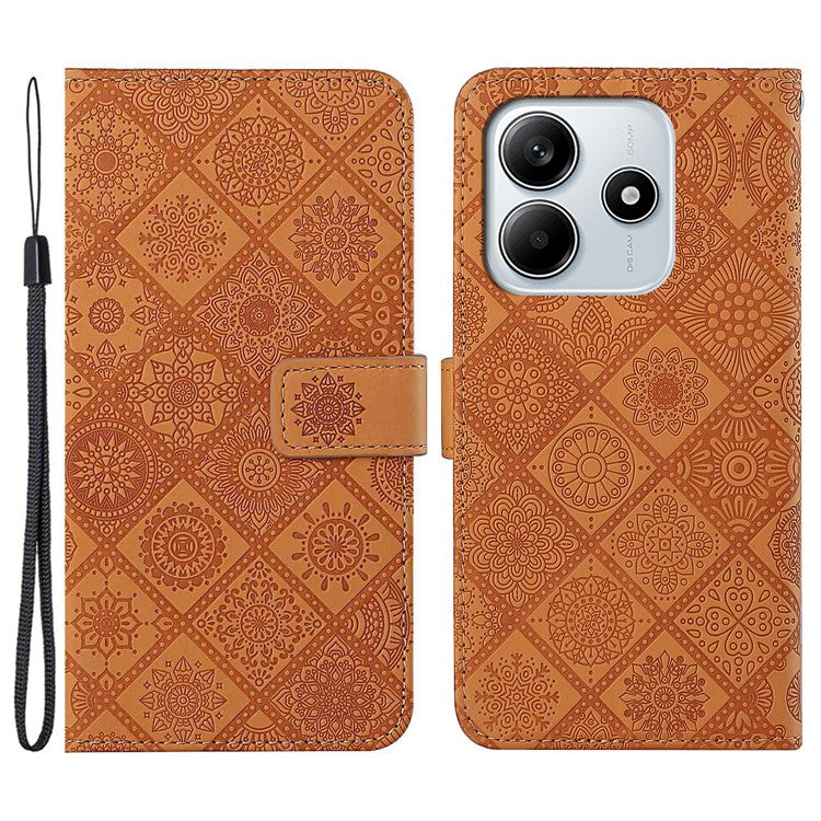 For Xiaomi Redmi Note 14 5G Case Leather Case Ethnic Style Phone Wallet Cover with Strap - Brown