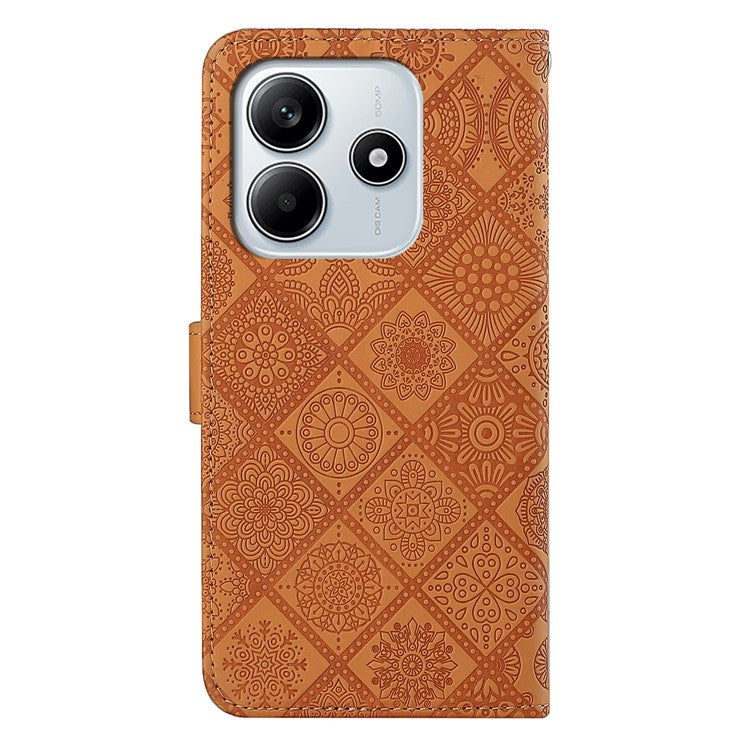 For Xiaomi Redmi Note 14 5G Case Leather Case Ethnic Style Phone Wallet Cover with Strap - Brown