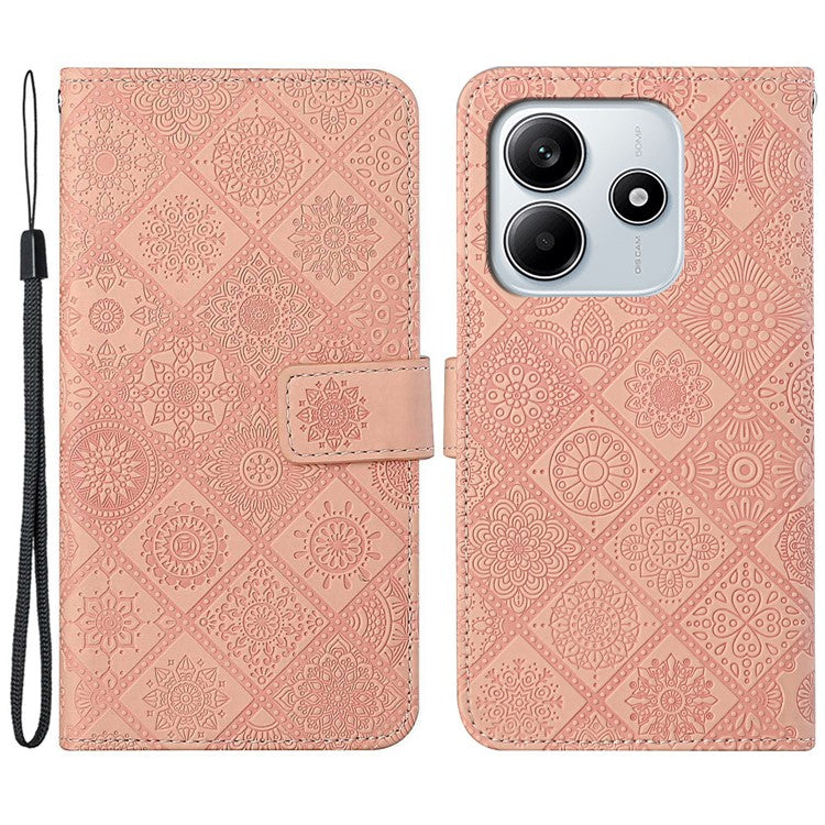 For Xiaomi Redmi Note 14 5G Case Leather Case Ethnic Style Phone Wallet Cover with Strap - Pink