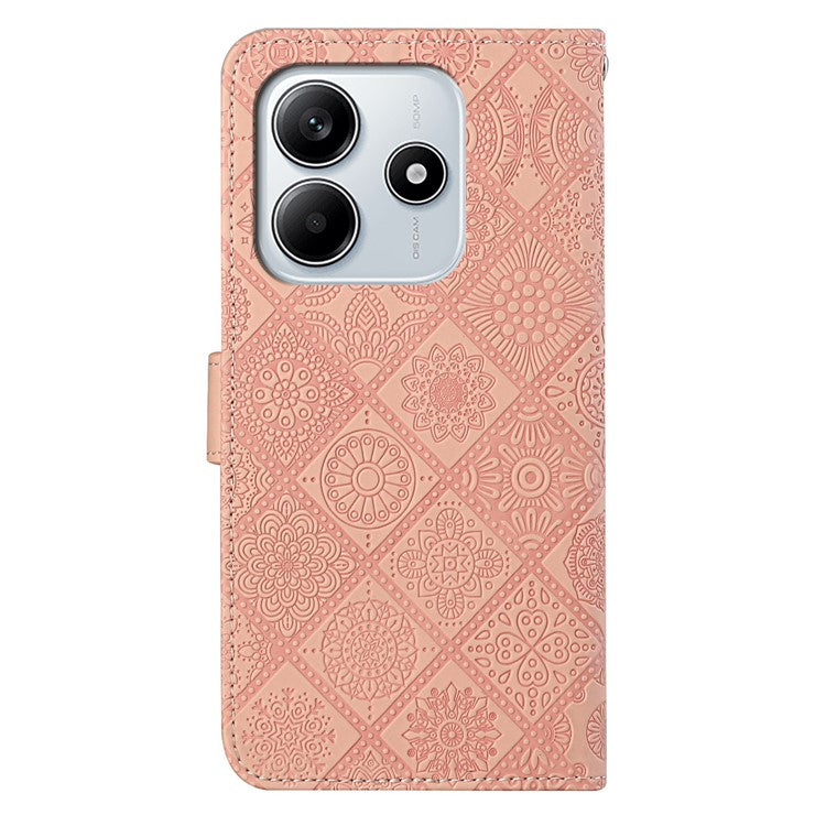 For Xiaomi Redmi Note 14 5G Case Leather Case Ethnic Style Phone Wallet Cover with Strap - Pink