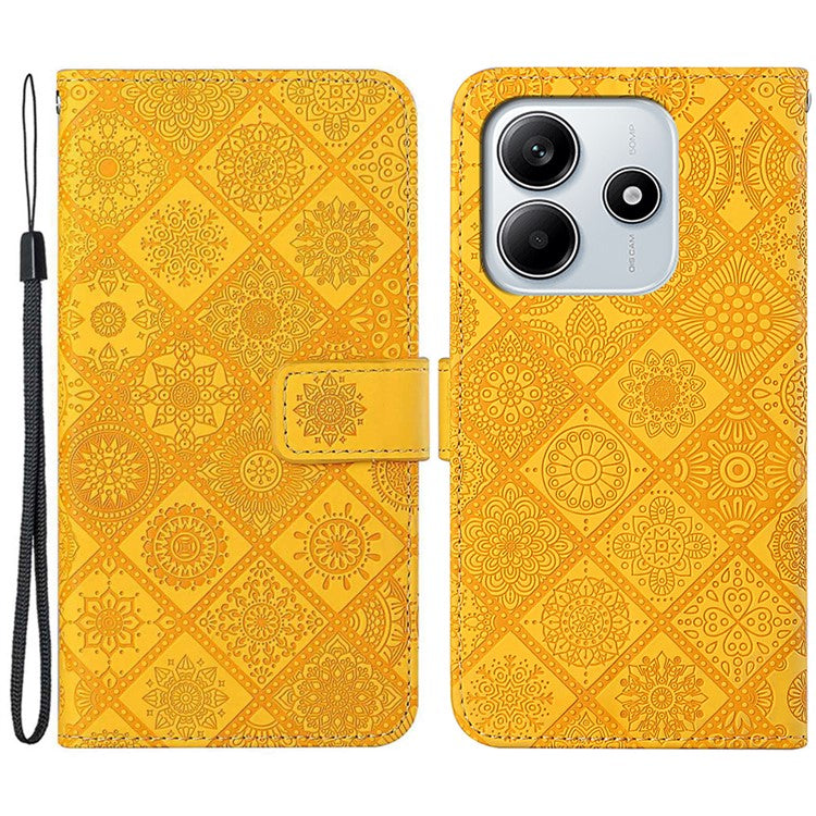 For Xiaomi Redmi Note 14 5G Case Leather Case Ethnic Style Phone Wallet Cover with Strap - Yellow